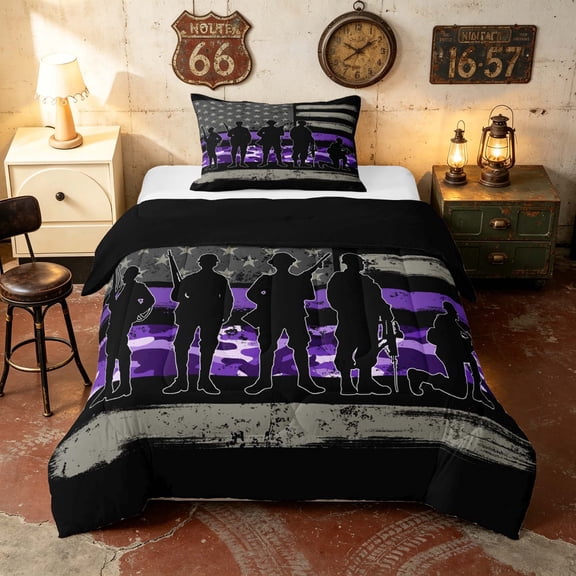 Manfei Retro Camo US Flag Twin Comforter Sets, Patriotic Soldier Silhouette Bedding Set, Purple, Black Reversible 2 Pieces, 1 Comforter and 1 Pillowcase