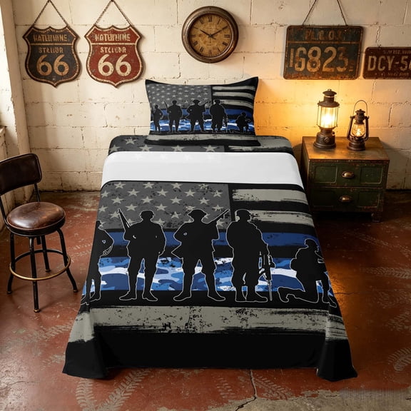 Manfei Retro Camo US Flag Twin Sheets, Patriotic Soldier Silhouette Bedding, Blue, Black Reversible 3-Piece (1 Flat Sheet, 1 Fitted Sheet and 1 Pillowcase)