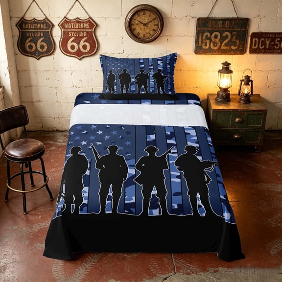 Manfei Retro Camo US Flag Twin Sheets, Patriotic Soldier Silhouette Bedding, Blue Camo, Navy Reversible 3 Pieces (1 Flat Sheet, 1 Fitted Sheet and 1 Pillowcase)