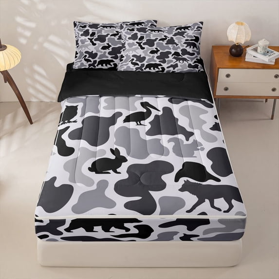 Manfei Retro Camo Zipper Twin Comforter Sets with Fitted Sheet and 2 Pillowcases,Lovely Bear Zipper Bedding Set,White Black,Black Reversible,4pcs