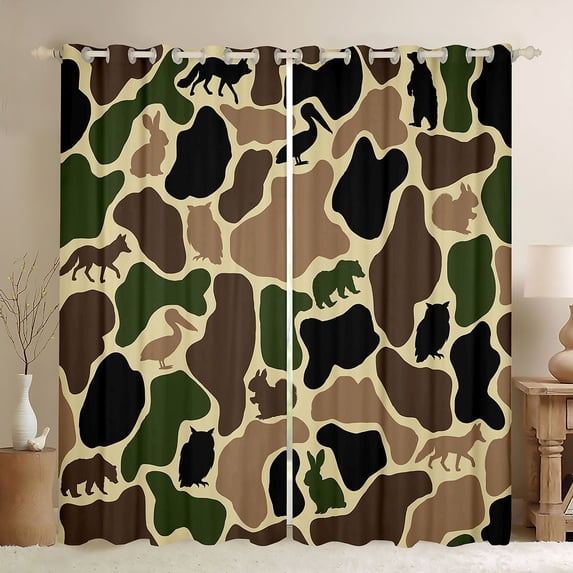 Manfei Retro Camouflage Blackout Curtains,Woodland Bear Curtains Pack of 2 (42x84 Each),Brown Green