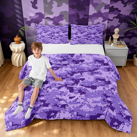 Manfei Retro Camouflage King Size Comforter Sets, Countryside Camo Comforters King Size, Lavender, Black Reversible, 3 Pieces, 1 Comforter and 2 Pillowcases
