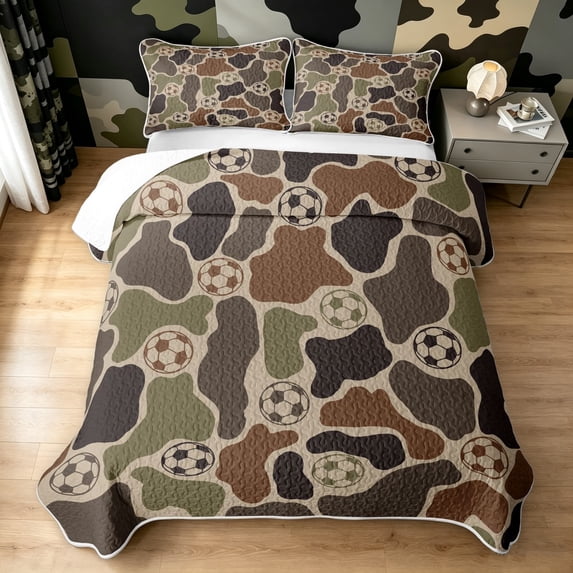 Manfei Retro Camouflage Quilt King, Contemporary Art Camo Soccer King Coverlet Set, Dark Khaki, 3 Pieces, 1 Bedspread and 2 Pillowcases