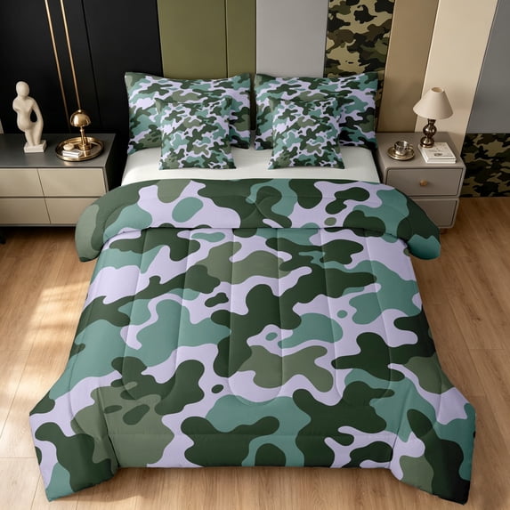 Manfei Retro Camouflage Twin Bedding, Mid Century Camo Bedding Comforter Set, Gray Green, Gray Reversible, 7 Pieces
