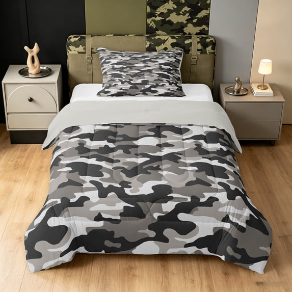 Manfei Retro Camouflage Twin Comforter Sets, Contemporary Art Camo Bedding Set, Urban Gray, Gray Reversible, 2 Pieces, 1 Comforter and 1 Pillowcase
