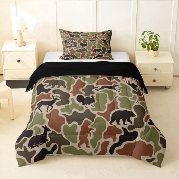 Manfei Retro Camouflage Twin Comforter Sets,Cute Bear Bedding Set,Red Green,Black Reversible,2 Pieces,1 Comforter and 1 Pillowcase