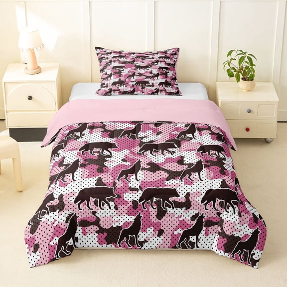 Manfei Retro Camouflage Twin Comforter Sets,Natural Wolves Bedding Set,Pink Reversible,2pcs,1 Comforter and 1 Pillowcase
