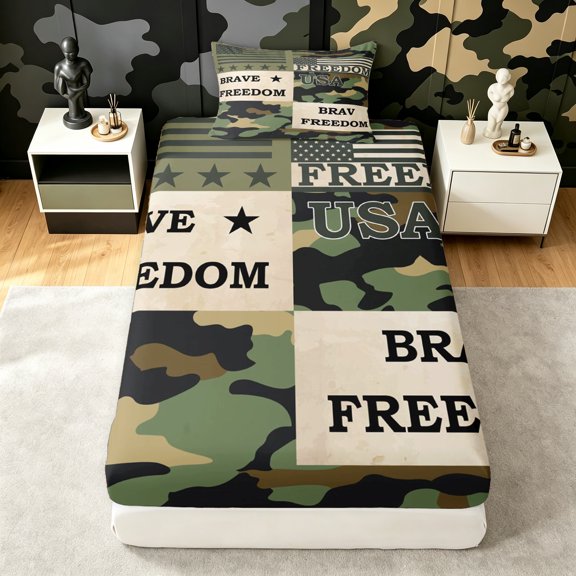 Manfei Retro Camouflage Twin Fitted Sheet, Countryside Camo Bedding, Urban Gray, 2 Pieces, 1 Fitted Sheet and 1 Pillowcase