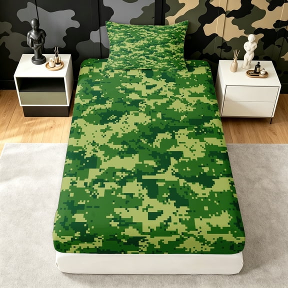 Manfei Retro Camouflage Twin Fitted Sheet, Fashion Mosaic Abstract Bedding, Lime Green, 2 Pieces, 1 Fitted Sheet and 1 Pillowcase