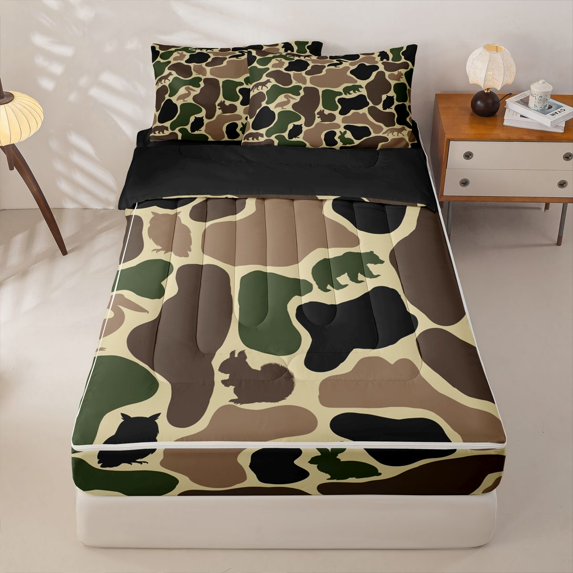 Manfei Retro Camouflage Zipper Twin Comforter Sets with Fitted Sheet and 2 Pillowcases,Woodland Bear Zipper Bedding Set,Brown Green,Black Reversible,4pcs