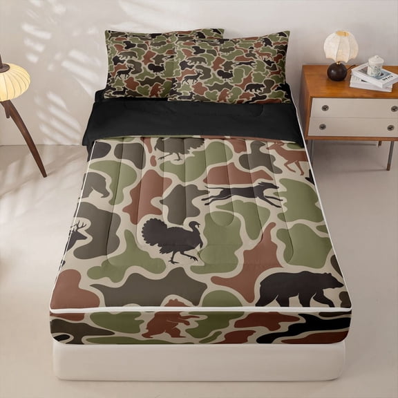 Manfei Retro Camouflage Zipper Twin Comforter Sets with Fitted Sheet and 2 Pillowcases,Cute Bear Zipper Bedding Set,Red Green,Black Reversible,4pcs