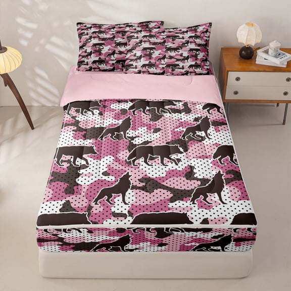 Manfei Retro Camouflage Zipper Twin Comforter Sets with Fitted Sheet and 2 Pillowcases,Natural Wolves Zipper Bedding Set,Pink Reversible,4pcs