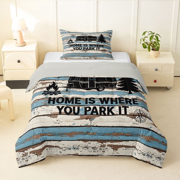 Manfei Retro Camper Twin Comforter Sets,Rustic Farmhouse Cabin Bedding Set,Brown Blue,Light Gray Reversible,2 Pieces,1 Comforter and 1 Pillowcase