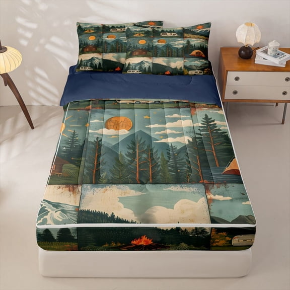 Manfei Retro Camper Zipper Twin Comforter Sets with Fitted Sheet and 2 Pillowcases,Woodland Mountain Print Zipper Bedding Set,Green,Navy Blue Reversible,4pcs