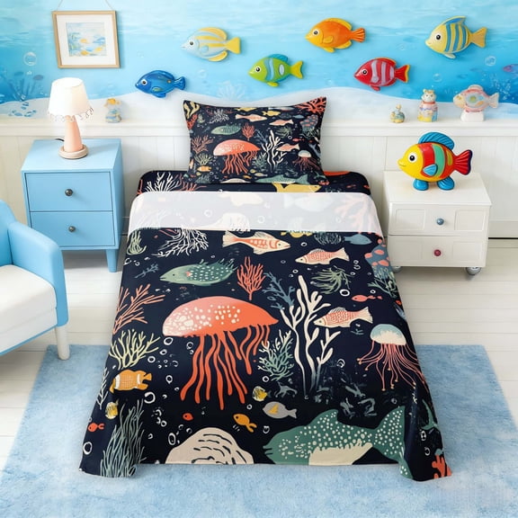 Manfei Retro Cartoon Fish Coral Jellyfish Ocean Twin Sheet Sets for Kids Boys and Girls, Nautical Life Print Bedding 3pcs, 1 Flat Sheet, 1 Fitted Sheet and 1 Pillowcase