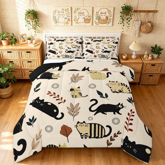 Manfei Retro Cat Queen Comforter Set, Autumn Foliage Comforter Sets Queen, Cream Brown, Black Reversible, 3 Pieces, 1 Comforter and 2 Pillowcases