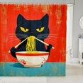 thumbnail image 1 of Manfei Retro Cat Shower Curtain 72Wx72L, Japanese Ramen Kitten Bathroom Curtain, Red Teal, 1 of 5