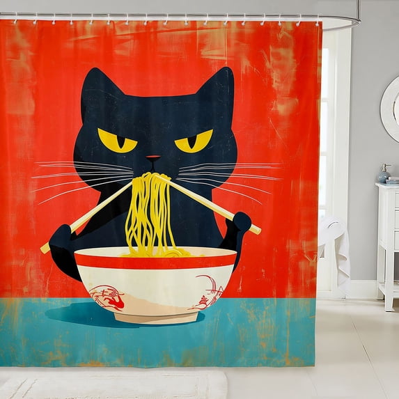 Manfei Retro Cat Shower Curtain 72Wx72L, Japanese Ramen Kitten Bathroom Curtain, Red Teal