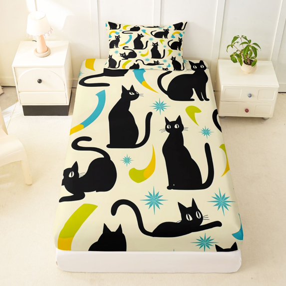 Manfei Retro Cat Twin Fitted Sheet, Tribal Abstract Bedding, Cream Teal, 2-Piece, 1 Fitted Sheet and 1 Pillowcase