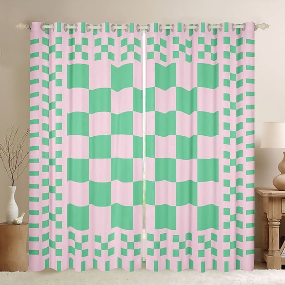 Manfei Retro Checkerboard Blackout Curtains Set of 2 (52x84 Each), Green Pink Plaid Curtain