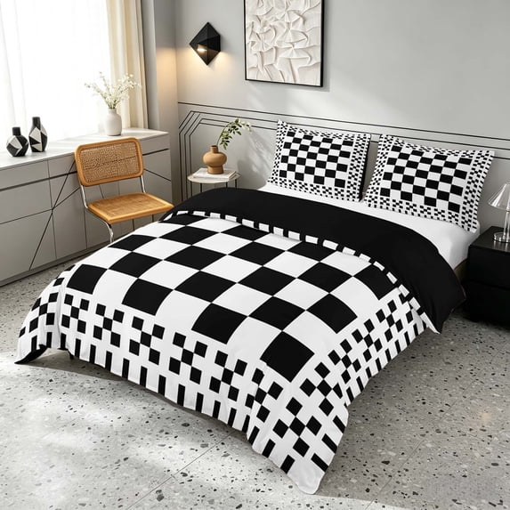 Manfei Retro Checkerboard Duvet Cover Queen, Black White Plaid Queen Bedding, Black Reversible 3 Pieces, 1 Duvet Cover and 2 Pillowcases