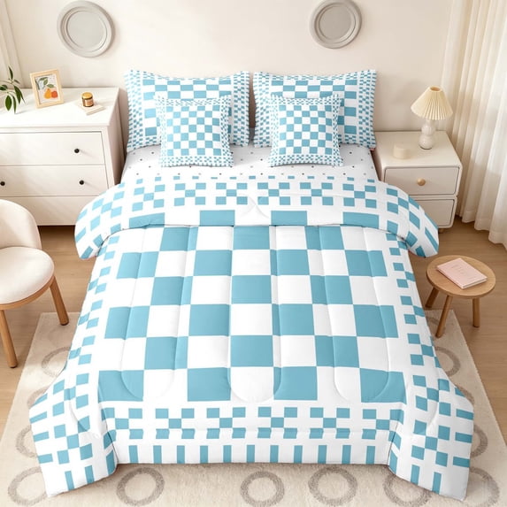 Manfei Retro Checkerboard Full Size Bedding Sets, Blue White Plaid Full Size Bed in a Bag, Reversible 7 Pieces