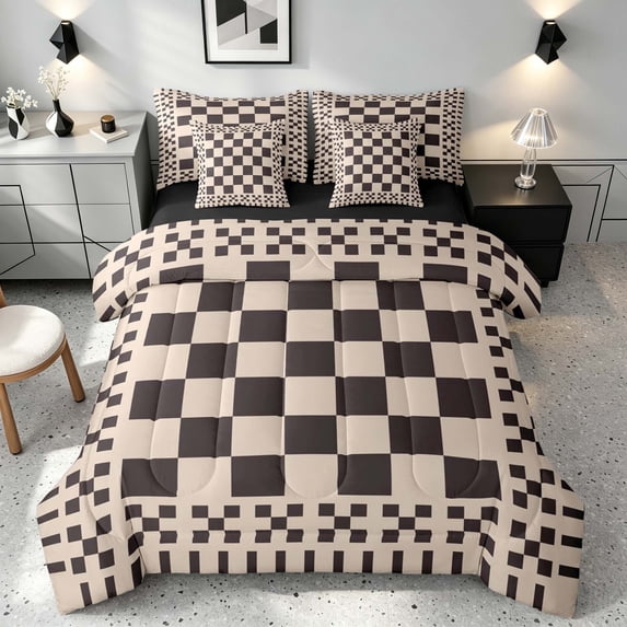 Manfei Retro Checkerboard King Bedding, Brown Beige Plaid King Bed in a Bag, Black Reversible 7pcs