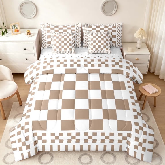 Manfei Retro Checkerboard King Bedding, Brown White Plaid King Bed in a Bag, Reversible 7pcs