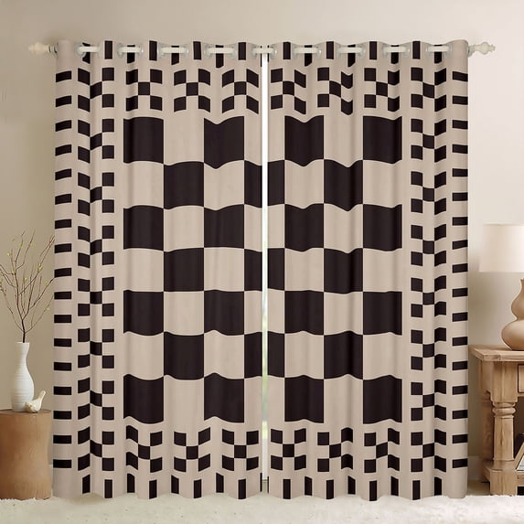 Manfei Retro Checkerboard Kitchen Curtains, Brown Beige Plaid Black Out Curtains Pack of 2 (42x63 Each)