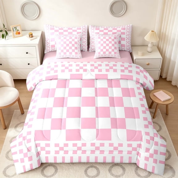 Manfei Retro Checkerboard Queen Bedding, Pink White Plaid Bedding Comforter Set Queen, Pink Reversible 7pcs