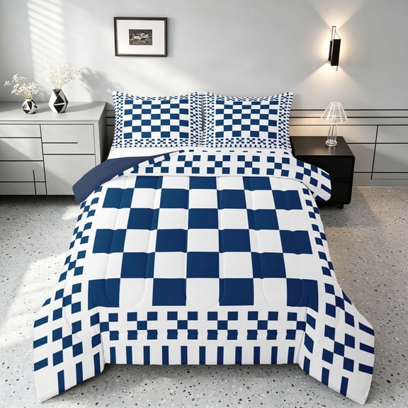 Manfei Retro Checkerboard Queen Comforter Set, Navy White Plaid Comforter Sets Queen, Navy Reversible 3pcs, 1 Comforter and 2 Pillowcases