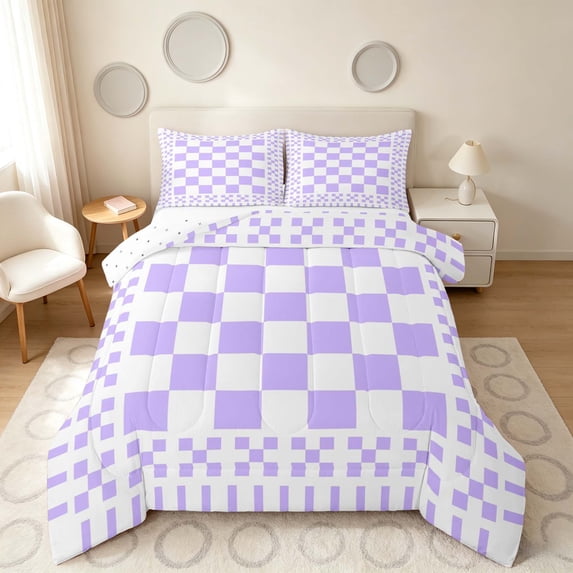 Manfei Retro Checkerboard Queen Comforter Set, Purple White Plaid Comforter Sets Queen, Reversible 3 Pieces, 1 Comforter and 2 Pillowcases
