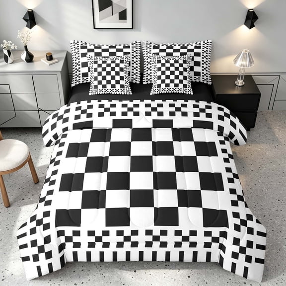 Manfei Retro Checkerboard Twin Bedding, Black White Plaid Bedding Comforter Set, Black Reversible 7-Piece