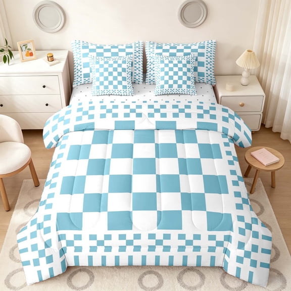Manfei Retro Checkerboard Twin Bedding, Blue White Plaid Bedding Comforter Set, Reversible 7 Pieces