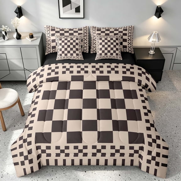Manfei Retro Checkerboard Twin Bedding, Brown Beige Plaid Bedding Comforter Set, Black Reversible 7pcs