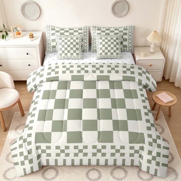 Manfei Retro Checkerboard Twin Bedding, Sage White Plaid Bedding Comforter Set, Reversible 7 Pieces