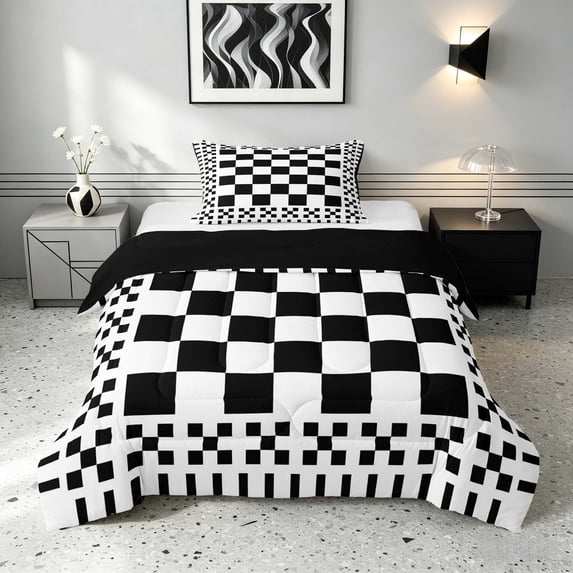 Manfei Retro Checkerboard Twin Comforter Sets, Black White Plaid Bedding Set, Black Reversible 2 Pieces, 1 Comforter and 1 Pillowcase