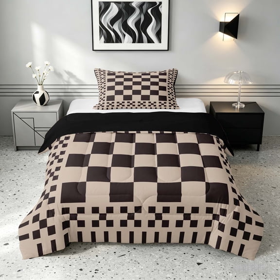 Manfei Retro Checkerboard Twin Comforter Sets, Brown Beige Plaid Bedding Set, Black Reversible 2-Piece, 1 Comforter and 1 Pillowcase