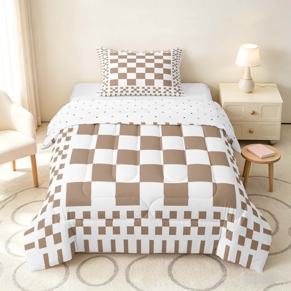 Manfei Retro Checkerboard Twin Comforter Sets, Brown White Plaid Bedding Set, Reversible 2-Piece, 1 Comforter and 1 Pillowcase