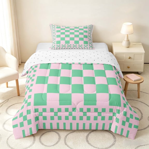 Manfei Retro Checkerboard Twin Comforter Sets, Green Pink Plaid Bedding Set, Reversible 2 Pieces, 1 Comforter and 1 Pillowcase