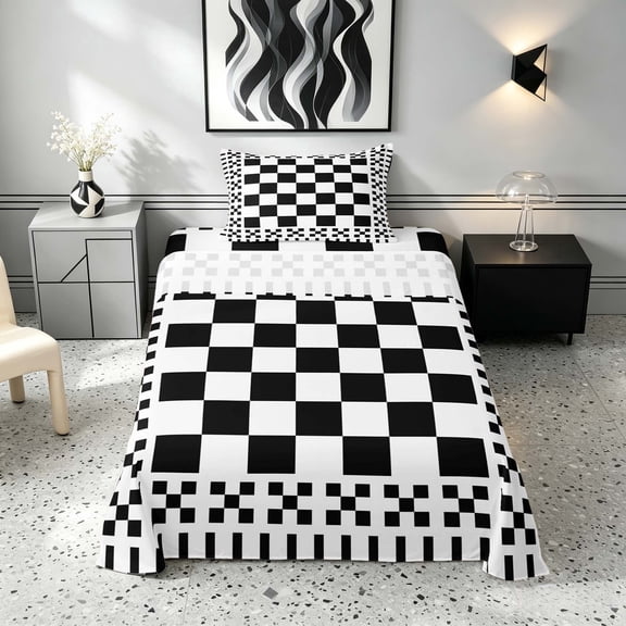 Manfei Retro Checkerboard Twin Sheets, Black White Plaid Bedding, Black Reversible 3 Pieces1 Flat Sheet + 1 Fitted Sheet + 1 Pillowcase