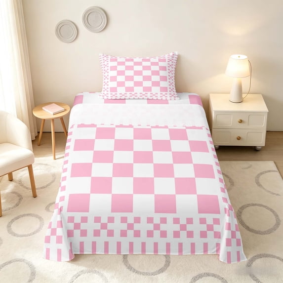 Manfei Retro Checkerboard Twin Sheets, Pink White Plaid Bedding, Pink Reversible 3-Piece1 Flat Sheet + 1 Fitted Sheet + 1 Pillowcase