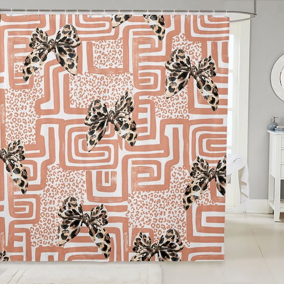 Manfei Retro Cheetah Bow Shower Curtain 72Wx72L,Geometric Grid Bathroom Curtain