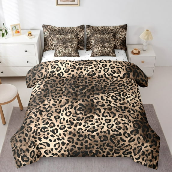 Manfei Retro Cheetah Print Twin Bedding Sets 7-Piece,Vintage Leopard Pattern Bedding Comforter Set,Brown Beige Black Sheet Sets For Girl Boy,Breathable Home Decor