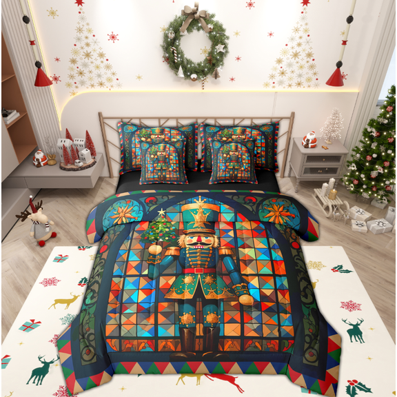Manfei Retro Christmas Nutcraker 7-Piece Twin Bedding Sets,Merry Christmas Bedding Comforter Set,Retro Watercolor Glass Sheet Sets For Teens,Ultra Soft Home Decor Reversible
