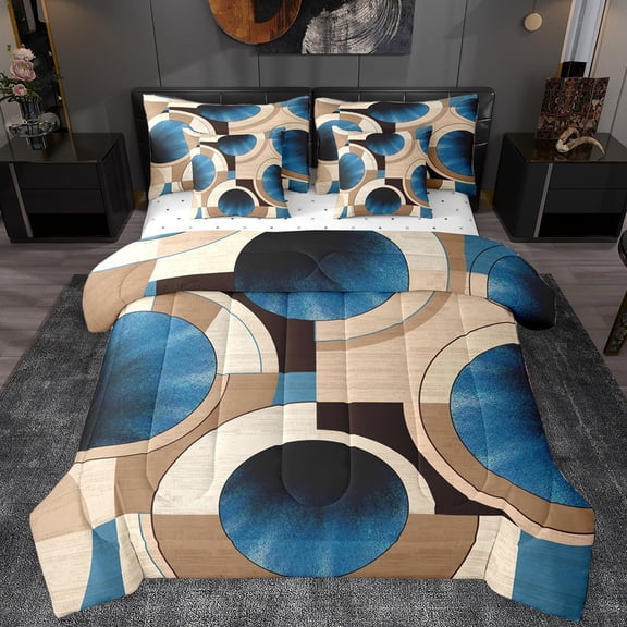 Manfei Retro Circle Pattern 7-Piece Twin Bedding Sets,Modern Abstract Geometric Bedding Comforter Set,Brown Blue Dot Sheet Sets For Teens,Luxury Bedroom Decor Reversible