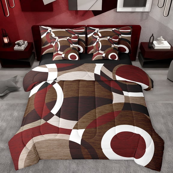 Manfei Retro Circle Pattern 7-Piece Twin Bedding Sets,Modern Abstract Geometric Bedding Comforter Set,Red Brown Sheet Sets For Teens,Luxury Bedroom Decor Reversible