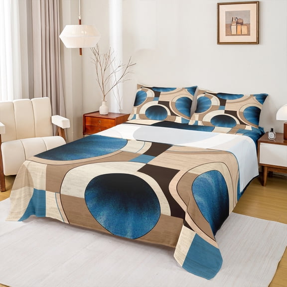 Manfei Retro Circle Pattern Bed Sheets,Modern Abstract Geometric King Sheets,Brown Blue Dot Sheet Set For Teens,Luxury Bedroom Decor,4 Pieces