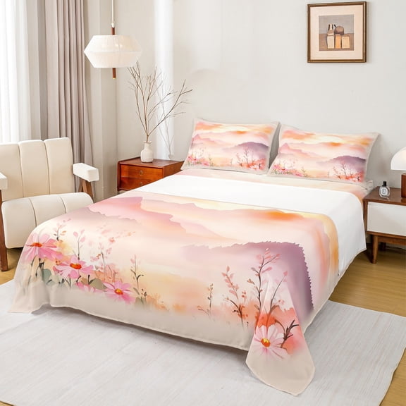 Manfei Retro Country Floral Bed Sheets,Rustic Sunset King Sheets,Pink Orange Sheet Set For Gir Kids,Ultra Soft Home Decor,4-Piece
