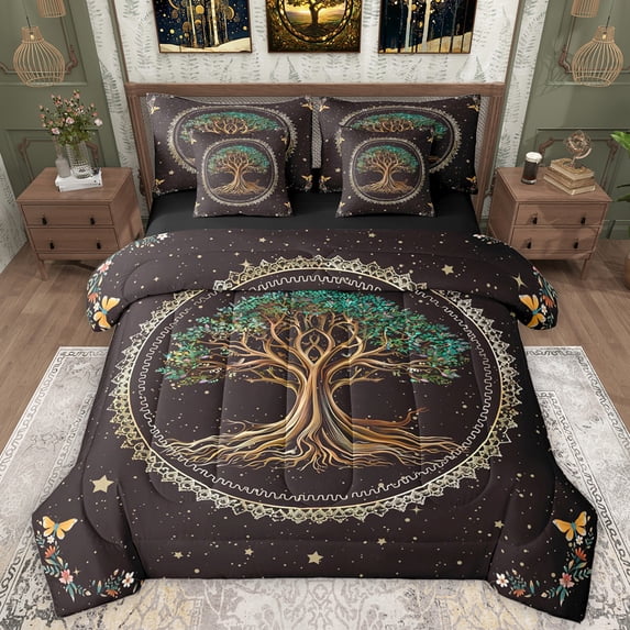 Manfei Retro Country Tree 7-Piece Twin Bedding Sets,Rustic Botanical Bedding Comforter Set,Vintage Boho Theme Sheet Sets For Men Women,Luxury Bedroom Decor Reversible